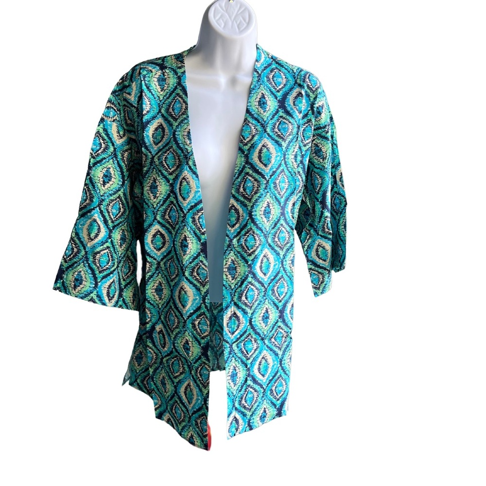 AmberNoon II by Dr. Erum Ilyas Sz XXS Woven Open-Front Caftan TURQUOISE